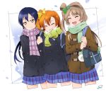  bangs blue_hair closed_eyes coat commentary_request grey_hair hair_between_eyes highres kousaka_honoka long_hair love_live! love_live!_school_idol_project minami_kotori multiple_girls one_side_up orange_hair otonokizaka_school_uniform scarf school_uniform simple_background smile sonoda_umi suan_ringo white_background yellow_eyes 