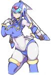  :d aqua_eyes ass_visible_through_thighs blue_legwear blue_panties bodysuit breasts commentary_request covered_navel enpe gold_trim hand_on_hip helmet highres large_breasts leg_up leviathan_(rockman) looking_at_viewer open_mouth panties rockman rockman_zero science_fiction simple_background smile solo thighhighs turtleneck underwear white_background white_bodysuit 