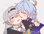  2girls ? absurdres biting black_hairband blue_hair blush cheek_biting closed_eyes commentary dress english_commentary firefly_(honkai:_star_rail) grey_background grey_hair hairband halo heart highres honkai:_star_rail honkai_(series) long_hair multiple_girls one_eye_closed parted_lips purple_dress robin_(honkai:_star_rail) simple_background smile squiggle upper_body wan_m_i yuri 