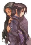  1boy 1girl almedha black_hair curly_hair dark_skin dress facial_mark fire_emblem fire_emblem:_akatsuki_no_megami forehead_mark green_hair hug image_sample long_hair nemupon_(goodlucky) ponytail red_eyes simple_background soren tumblr_sample white_background 