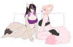  2018 anthro bed big_breasts black_hair blonde_hair blue_eyes blush bra breasts canine clothed clothing digital_media_(artwork) duo female fluffy fluffy_tail fox fur green_eyes hair inside kitsunewaffles-chan kyoko_komurasaki mammal on_bed open_mouth pillow shorts simple_background smile tongue underwear wolf 