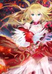  1girl aestus_estus ahoge bare_shoulders blonde_hair breasts cleavage collarbone commentary detached_sleeves dress eyebrows_visible_through_hair fate/extra fate/grand_order fate_(series) green_eyes hair_between_eyes highres holding holding_sword holding_weapon long_hair looking_at_viewer nero_claudius_(fate) nero_claudius_(fate)_(all) red_dress smile solo sword weapon 