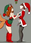  2019 animal_humanoid breasts brown_hair canine canine_humanoid christmas cleavage clothed clothing dress duo elf female female/female fox_humanoid furball green_eyes grey_background hair hand_holding hat holidays humanoid inner_ear_fluff interlocked_fingers legwear looking_up mammal mistletoe multitail open_mouth panties plant red_eyes santa_hat short_hair simple_background skimpy smile stockings thigh_highs underwear 