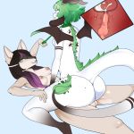  2018 animal_genitalia animal_penis anthro balls black_hair breasts butt canine canine_penis collar cowgirl_position cum cum_in_pussy cum_inside digital_media_(artwork) dragon duo erection female freckles fur green_eyes green_hair hair horn intersex knot kyoko_komurasaki leash mammal multicolored_hair nipples nude on_top open_mouth penetration penis purple_hair sex simple_background smile sugarvira tail_tuft tuft vaginal vaginal_penetration vilosa wings wolf 