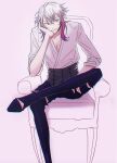  1boy black_shorts blue_eyes blue_hair boots chromatic_aberration crossed_legs diamond_choker english_commentary eyelashes gavis_bettel gavis_bettel_(1st_costume) grey_hair hair_between_eyes heterochromia highres holostars holostars_english jewelry looking_to_the_side makiei male_focus medium_hair multicolored_hair on_chair pink_eyes pink_hair shirt shorts sitting sketch solo thigh_boots toe_cleavage virtual_youtuber white_background white_shirt 