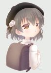  :o backpack bag bangs beret black_hat black_ribbon blush brown_eyes brown_hair collared_shirt commentary_request cropped_torso dated eyebrows_visible_through_hair flower grey_background hair_between_eyes hair_flower hair_ornament hat hatoba_tsugu hatoba_tsugu_(character) long_sleeves looking_at_viewer looking_to_the_side mirun_(funimani) mole mole_under_eye parted_lips randoseru ribbon rose shirt signature simple_background solo upper_body virtual_youtuber white_flower white_rose white_shirt 