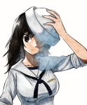  adjusting_headwear bangs black_eyes black_hair black_neckwear blouse closed_mouth commentary dixie_cup_hat frown girls_und_panzer hat hat_over_one_eye long_hair long_sleeves looking_at_viewer meis_(terameisu) military_hat murakami_(girls_und_panzer) neckerchief ooarai_naval_school_uniform sailor sailor_collar school_uniform simple_background sleeves_rolled_up solo standing upper_body white_background white_blouse white_hat 