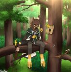 anthro arrows avian beak biped bow_(weapon) clothed clothing dipstick_feathers dipstick_tail feathers feet forest gryphon hi_res in_tree kazrune knife male mammal markings mythological_avian mythological_creature mythology plant quiver_(object) ranged_weapon sitting sitting_in_tree solo tail tail_feathers tail_markings talon_hands talons toes tree weapon