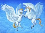  2016 anisis blonde_hair duo equine feathered_wings feathers feral flying hair hooves mammal pegasus traditional_media_(artwork) white_feathers wings 