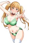  1girl blonde_hair bra breasts choker cleavage green_bra green_eyes green_panties hairband heanna_sumire highres large_breasts love_live! love_live!_superstar!! panties red_hairband solo stomach thighhighs thighs twintails underwear underwear_only white_background white_thighhighs yopparai_oni 