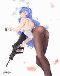  animal_ears ass assault_rifle bangs bare_shoulders blue_hair blush bow breasts bullpup bunny_ears bunny_girl bunnysuit closed_mouth commentary girls_frontline gloves gun hair_between_eyes half_gloves headgear highleg holding holding_gun holding_weapon imi_tavor_tar-21 iruril large_breasts leaning_forward leotard long_hair looking_at_viewer looking_back pantyhose rifle solo tar-21_(girls_frontline) twitter_username very_long_hair weapon white_leotard yellow_eyes 
