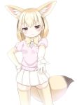  animal_ear_fluff animal_ears blonde_hair blush bow bowtie breast_pocket brown_eyes buttons commentary_request cowboy_shot extra_ears eyebrows_visible_through_hair fennec_(kemono_friends) fox_ears fox_tail fur_trim gloves hand_on_hip kemono_friends looking_at_viewer matsuu_(akiomoi) miniskirt pink_sweater pleated_skirt pocket reaching_out short_sleeve_sweater short_sleeves simple_background skirt solo sweater tail thighhighs white_background white_gloves white_skirt yellow_legwear yellow_neckwear zettai_ryouiki 