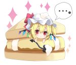  1girl bangs blonde_hair blush bow closed_mouth commentary_request crystal eyebrows_visible_through_hair flandre_scarlet food hair_between_eyes hat hat_bow in_food laevatein looking_at_viewer lying milkpanda mob_cap on_stomach red_bow red_eyes simple_background solo sparkle spoken_ellipsis touhou white_background white_hat wings 