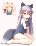  animal_ears black_gloves blonde_hair blush bow bowtie commentary_request extra_ears ezo_red_fox_(kemono_friends) fox_ears fox_tail from_side gloves hair_between_eyes heart kemono_friends long_hair looking_at_viewer matsuu_(akiomoi) necktie one-piece_swimsuit orange_eyes pink_background school_swimsuit silver_fox_(kemono_friends) silver_hair sitting solo swimsuit tail thought_bubble very_long_hair white_neckwear yellow_eyes yokozuwari 