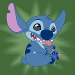  2018 4_fingers 4_toes alien back_markings black_eyes blue_claws blue_fur blue_nose blue_pawpads button_eyes claws digital_drawing_(artwork) digital_media_(artwork) disney experiment_(species) fur green_background head_tuft holding_object lilo_and_stitch looking_at_viewer markings notched_ear open_mouth open_smile pawpads poefish ragdoll signature simple_background sitting small_tail smile solo stitch toes tongue tongue_out tuft 