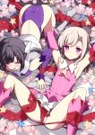  2girls all_fours arms_behind_head back_cutout bangs black_hair blonde_hair blush boots breasts commentary_request cutout detached_sleeves dress fate/grand_order fate/kaleid_liner_prisma_illya fate_(series) feet_out_of_frame flat_chest flower grey_legwear hair_ornament hairclip heart highres illyasviel_von_einzbern looking_at_viewer lying magical_girl medium_hair miyu_edelfelt multiple_girls nail_polish on_back on_ground open_mouth panties pink_dress pink_eyes pink_flower pink_footwear pink_nails pink_sleeves purple_sleeves red_heart restrained short_hair sleeveless sleeveless_dress small_breasts socks spread_legs star thighs tranquillianusmajor underwear white_panties x_hair_ornament yellow_eyes 