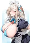  1girl absurdres apron asuna_(blue_archive) bikini blue_archive blue_bikini blue_bow blue_bowtie blue_eyes bow bowtie breasts gloves grin highres huge_breasts keishi_surota long_hair looking_at_viewer maid maid_headdress mole mole_on_breast simple_background smile solo swimsuit waist_apron white_background white_gloves 