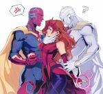  1girl 2boys ? absurdres al_(ahr) anger_vein arm_grab bare_shoulders black_nails black_pants blue_bodysuit blue_eyes blue_skin bodysuit breasts brown_hair cape closed_mouth colored_skin dress dual_persona english_commentary fingerless_gloves fingernails gloves green_eyes hand_on_another's_chin hand_up hetero highres holding holding_hands long_hair looking_at_another love_triangle magic marvel marvel_cinematic_universe mask mask_on_head medium_breasts multicolored_skin multiple_boys nail_polish open_mouth pants purple_gloves purple_mask red_dress red_gloves red_skin scarlet_witch simple_background sleeveless sleeveless_dress speech_bubble spoken_anger_vein standing vision_(marvel) wanda_maximoff wandavision wavy_hair white_background white_cape white_skin white_vision yellow_cape 