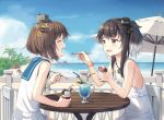  2girls anthropomorphism beach black_hair blush brown_eyes brown_hair clouds cnm dress drink flat_chest food fruit headband ice_cream kantai_collection loli necklace short_hair sky strawberry summer_dress tokitsukaze_(kancolle) umbrella water wristwear yukikaze_(kancolle) 