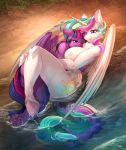  2017 anthro areola breasts cutie_mark duo equine feathered_wings feathers female friendship_is_magic hair hi_res horn longinius lying mammal multicolored_hair my_little_pony nipples nude one_eye_closed outside princess_celestia_(mlp) purple_feathers together twilight_sparkle_(mlp) vest_(artist) water wet white_feathers winged_unicorn wings 