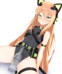  1girl @_@ alcohol animal_ears arm_strap arm_support bangs bare_shoulders belt black_leotard blush bottle bow breasts cat_ears cat_tail character_name clothes_writing commentary_request covered_navel dutch_angle eyebrows_visible_through_hair fake_animal_ears frown girls_frontline gluteal_fold green_bow green_eyes headphones highres korean_commentary leaning_back leotard long_hair nose_blush orange_hair s1145 simple_background sitting small_breasts solo tail tail_bow thigh_strap tmp_(girls_frontline) transparent very_long_hair vodka wavy_mouth white_background 