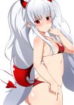  1girl absurdres ass bat_wings bikini blush breasts demon_girl demon_tail finger_to_mouth from_side grim_aloe highres horns long_hair looking_back quiz_magic_academy quiz_magic_academy_the_world_evolve red_bikini red_eyes red_swimsuit seihekiog side-tie_bikini silver_hair small_breasts smile solo swimsuit tail thong_bikini twintails upper_body very_long_hair wings 