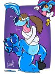  2018 3_toes absurd_res ambiguous_gender anthro bdsm blue_claws blue_pawpads bottomless brown_hair claws clothed clothing crash_bandicoot_(series) digital_drawing_(artwork) digital_media_(artwork) featureless_crotch goo_transformation hair hi_res hindpaw kangaroo laugh male mammal marsupial open_mouth pawpads paws ripper_roo rubber shiny simple_background solo soul-silver-dragon speech_bubble spiral spiral_eyes straitjacket teeth text toes tongue tongue_out transformation video_games 