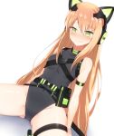  1girl @_@ animal_ears arm_strap arm_support bangs bare_shoulders belt black_leotard blush bow breasts cat_ears cat_tail character_name clothes_writing covered_navel dutch_angle eyebrows_visible_through_hair fake_animal_ears frown girls_frontline gluteal_fold green_bow green_eyes headphones highres leaning_back leotard long_hair nose_blush orange_hair s1145 simple_background sitting small_breasts solo tail tail_bow thigh_strap tmp_(girls_frontline) very_long_hair wavy_mouth white_background 