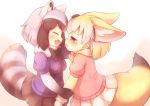  :d ^_^ animal_ear_fluff animal_ears black_gloves black_hair black_neckwear black_skirt blonde_hair blush bow bowtie check_commentary closed_eyes commentary_request common_raccoon_(kemono_friends) extra_ears eyebrows_visible_through_hair facing_another fang fennec_(kemono_friends) fox_ears fox_tail from_side fur_collar fur_trim gloves grey_hair half-closed_eyes hand_on_another's_head holding_another's_arm kemono_friends looking_at_another matsuu_(akiomoi) miniskirt multiple_girls open_mouth pink_sweater raccoon_ears raccoon_tail short_sleeves skirt smile sweater tail white_background white_skirt yellow_neckwear yuri 