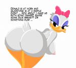  2015 anthro areola avian beak bent_over big_breasts big_butt bird bow_ribbon breasts butt daisy_duck dialogue disney duck ducktits eyelashes eyeshadow feathers female half-closed_eyes hi_res legs_together looking_at_viewer looking_back makeup nipples nude question simple_background smile solo tail_feathers text white_background white_feathers 