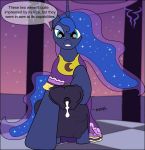  2018 absurd_res animal_genitalia animal_penis balls blue_eyes blue_hair bulge clothing cock_vore cum dialogue dress english_text equine equine_penis feral first_person_view friendship_is_magic hair hi_res horn intersex low-angle_view mammal my_little_pony penis princess_luna_(mlp) sparkles text trash_anon unicorn vore worm&#039;s-eye_view 