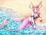  animal_ears antlers bangs bare_arms beach blonde_hair bracelet braid breasts brown_eyes choker cleavage commission crown flower gradient_hair green_eyes hair_flower hair_ornament head_wreath jewelry mermaid monster_girl multicolored multicolored_eyes multicolored_hair navel necklace neko-rina ocean orange_eyes original partially_submerged pink_hair rose solo water wreath yellow_eyes 