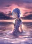  2018 aqua_(kingdom_hearts) bikini bikini_top bikini_under_clothes black_bikini blue_eyes blue_hair cloud commentary_request dated gogo_(detteiu_de) highres hood hood_down hoodie kingdom_hearts kingdom_hearts_birth_by_sleep looking_at_viewer looking_back ocean open_mouth partially_submerged purple_sky see-through shirt short_hair solo sunset swimsuit upper_body water wet wet_clothes wet_shirt 