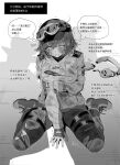  1girl 2boys arknights baseball_cap bleeding blood blood_from_mouth breasts broken_headphones bruise bruise_on_face bruised_eye chinese_commentary chinese_text commentary_request ela_(rainbow_six_siege) frown goggles goggles_on_headwear hat highres injury kataokasan large_breasts looking_at_viewer medium_hair monochrome multiple_boys pants rainbow_six_siege shoes sitting solo_focus speech_bubble torn_clothes torn_pants translation_request 