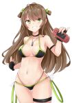  absurdres ass_visible_through_thighs bare_shoulders bikini black_bikini black_choker black_gloves blush breasts brown_hair choker collarbone cowboy_shot fingerless_gloves girls_frontline gloves green_eyes green_ribbon grin hair_ribbon hakuya_(white_night) hand_up handheld_game_console highres holding long_hair looking_at_viewer medium_breasts navel rfb_(girls_frontline) ribbon side-tie_bikini smile solo swimsuit thigh_gap transparent_background two_side_up very_long_hair 