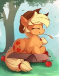  2018 apple applejack_(mlp) blonde_hair blonde_tail box cutie_mark digital_media_(artwork) earth_pony equine eyes_closed female feral food freckles friendship_is_magic fruit fur grass hair hat hi_res horse mammal my_little_pony outside pony smile solo tree yakovlev-vad 