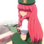  1girl bangs beret braid commentary_request cowboy_shot green_hat green_skirt green_vest hair_over_eyes hat holding hong_meiling long_hair looking_back puffy_short_sleeves puffy_sleeves red_hair shirosato shirt short_sleeves skirt skirt_set solo squatting star touhou twin_braids vest watering_can white_shirt 