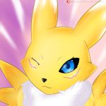  canid canine digimon digimon_(species) female fur leokato mammal patreon pink_background pose purple_background renamon simple_background smile solo standing white_background white_fur 