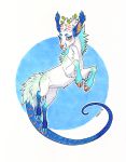  2016 anisis blue_eyes blue_scales cervine feral fur hooves horn hybrid mammal scales simple_background solo traditional_media_(artwork) white_fur 