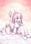  animal_ears arctic_fox_(kemono_friends) arctic_wolf_(kemono_friends) back-to-back blue_neckwear blue_skirt blush bow bowtie capelet commentary_request eyebrows_visible_through_hair fox_ears fox_tail fur-trimmed_boots fur-trimmed_footwear fur-trimmed_sleeves fur_collar fur_trim gloves intertwined_tails kemono_friends long_hair long_sleeves matsuu_(akiomoi) miniskirt multiple_girls orange_eyes pantyhose sitting skirt smile snow snowman tail white_footwear white_gloves white_hair white_legwear wolf_ears wolf_tail yellow_eyes 