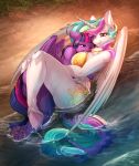  2017 anthro bikini clothing cutie_mark duo equine feathered_wings feathers female friendship_is_magic hair hi_res horn longinius lying mammal multicolored_hair my_little_pony one_eye_closed outside princess_celestia_(mlp) purple_feathers swimsuit twilight_sparkle_(mlp) vest_(artist) water wet white_feathers winged_unicorn wings 