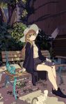  bench bush cat commentary_request forest hat highres jacket kogecha_(coge_ch) leaf nature original shoes shorts sitting sitting_on_lap sitting_on_person solo wooden_wall 