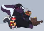 absurd_res beanie black_body black_fur blush burger clothing crushpepper ear_piercing ear_ring fast_food female food fur grease hat headgear headwear hi_res holding_burger holding_food holding_object hoodie male male/female mammal mephitid multicolored_body multicolored_fur pepper_(crushpepper) piercing purple_body purple_fur red_eyes ring_piercing sitting sitting_on_ground skunk skunk_tail tagme topwear