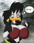  2016 anthro avian beak big_breasts bird black_hair blurred_background bra breasts cleavage clothed clothing darkwing_duck dialogue disney duck ducktits ear_piercing english_text female fingerless_gloves fully_clothed gloves hair hi_res navel piercing solo speech_bubble splatter_phoenix text underwear wardrobe_malfunction 