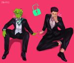  2boys absurdres black_jacket bonnbr1 brown_hair colored_skin commentary_request elmariana formal glasses green_hair green_skin highres holding jacket male_focus minecraft_youtube monster_boy multiple_boys necktie pink_background quackity_smp shirt shoes short_hair sitting slime_boy slimecicle spanish_commentary suit white_shirt yaoi 