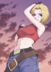  1girl absurdres belt belt_buckle black_gloves blonde_hair blue_eyes blue_mary blue_pants blurry blurry_background breasts buckle cloud cowboy_shot crop_top dust fatal_fury fingerless_gloves gloves gradient_sky hand_on_own_head highres linea_alba looking_at_viewer loose_belt medium_breasts midriff muscular muscular_female navel pants parted_lips red_tank_top short_hair signature sky snk solo tank_top the_king_of_fighters twitter_username tyanoki 
