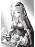  1girl breasts cup dress eyebrows_visible_through_hair fuji_choko hachinan_tte_sore_wa_nai_deshou! highres holding holding_plate hood long_hair long_sleeves medium_breasts novel_illustration nun official_art plate smile solo standing steam teacup teapot 