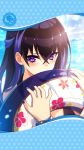  artist_request black_hair black_swimsuit blue_nails blush bracelet forcas framed_image holding holding_innertube innertube jewelry multicolored_hair nail_polish official_art phantom_of_the_kill purple_eyes swimsuit two-tone_hair water 