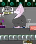  2018 absurd_res angry anthro breasts canine cashier comic dialogue english_text female fur halo_(series) hi_res mammal microsoft pink_fur privvys-art purple_eyes solo speech_bubble talking_to_viewer text video_games xbox 