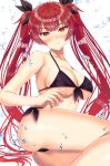  alternate_costume ass azur_lane bangs bikini black_bikini black_ribbon blush breasts bubble cleavage closed_mouth collarbone embarrassed eyebrows_visible_through_hair front-tie_top hair_ribbon highres honami_(yths4221) honolulu_(azur_lane) large_breasts long_hair looking_at_viewer red_eyes red_hair ribbon shiny shiny_skin side-tie_bikini sidelocks simple_background sitting solo swimsuit thighs twintails very_long_hair white_background 